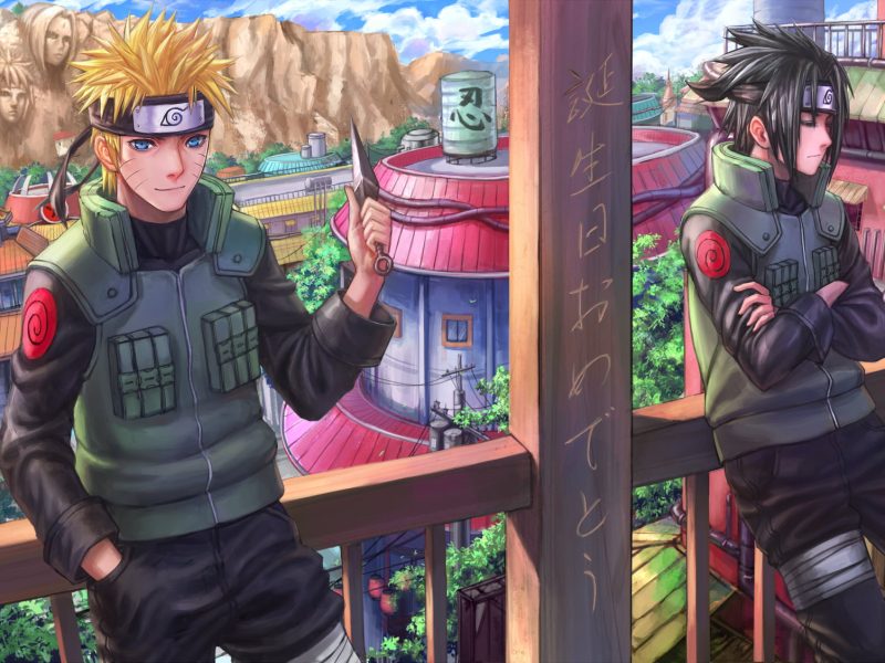 Naruto and Sasuke wallpaper, the city, rock, art, face, knife