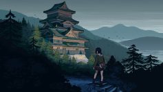 Schoolgirl In School Uniform Walks Towards A Japanese Castle