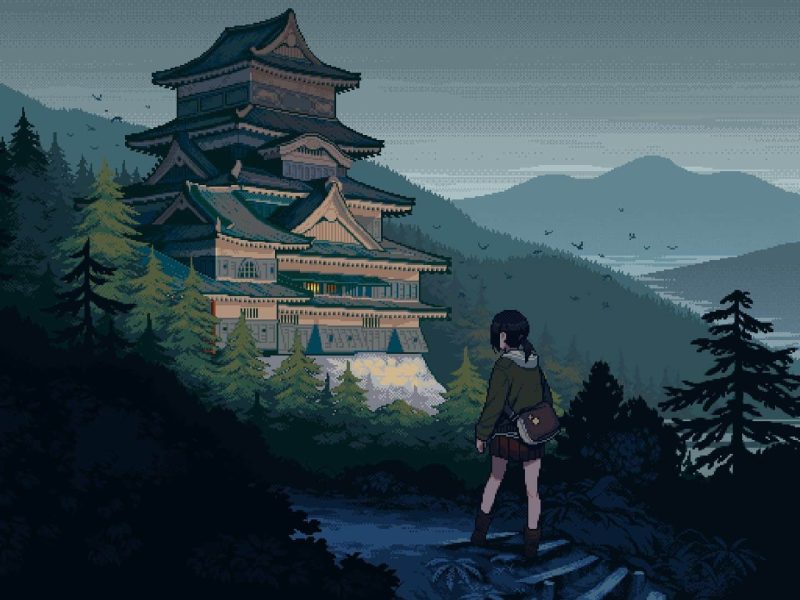 Schoolgirl in school uniform walks towards a Japanese castle